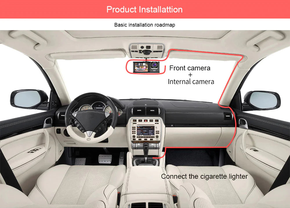 Car Dual Lens Dash Cam - 1080P Front/Rear/Inside Video Recorder with G-Sensor