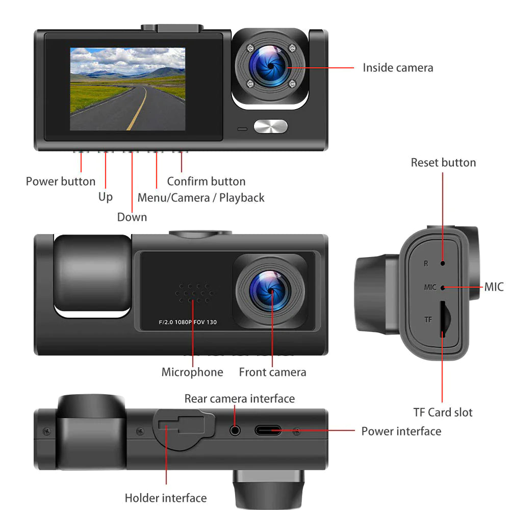 Car Dual Lens Dash Cam - 1080P Front/Rear/Inside Video Recorder with G-Sensor