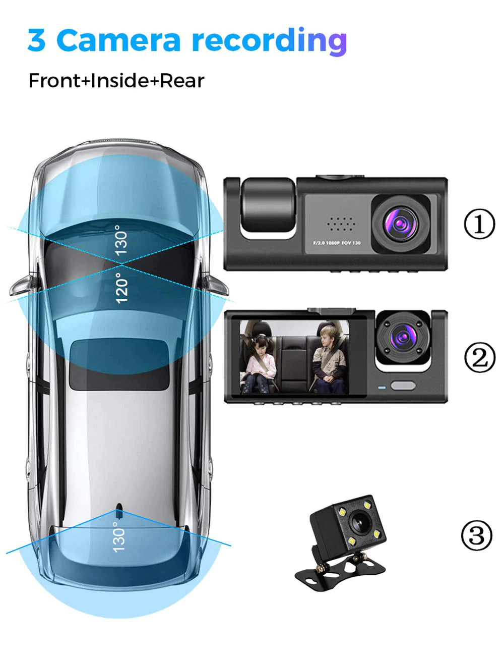 Car Dual Lens Dash Cam - 1080P Front/Rear/Inside Video Recorder with G-Sensor